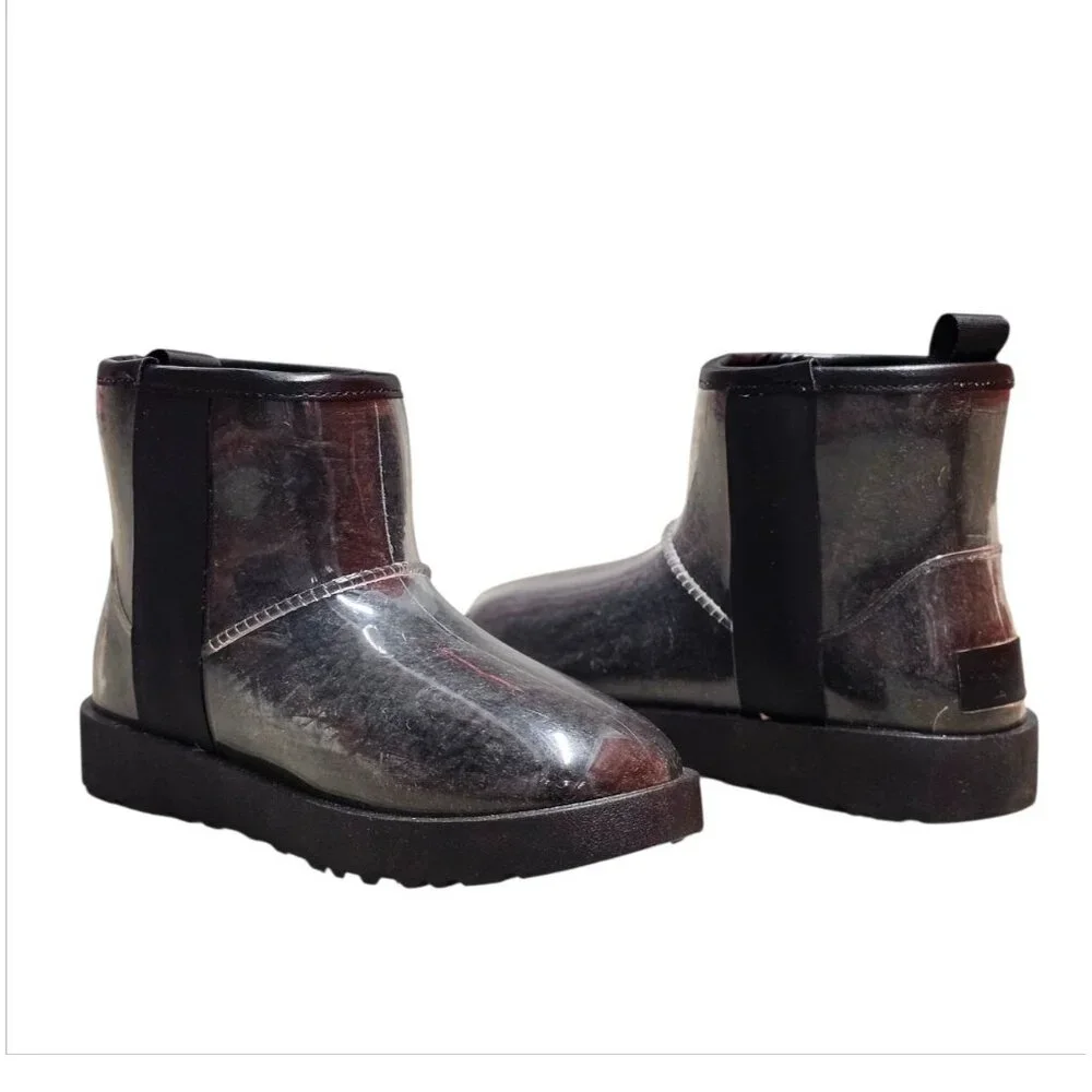 Transparent Waterproof Ankle Boots With Non-Slip Soles Sleek Black Finish Durabl